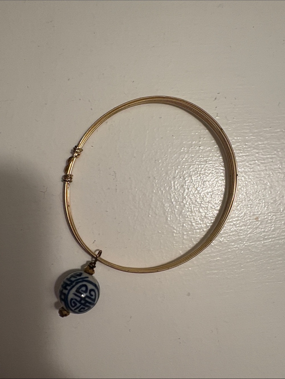 Gold Wire Bangle Bracelet with Blue Ceramic Chinoiserie Charm